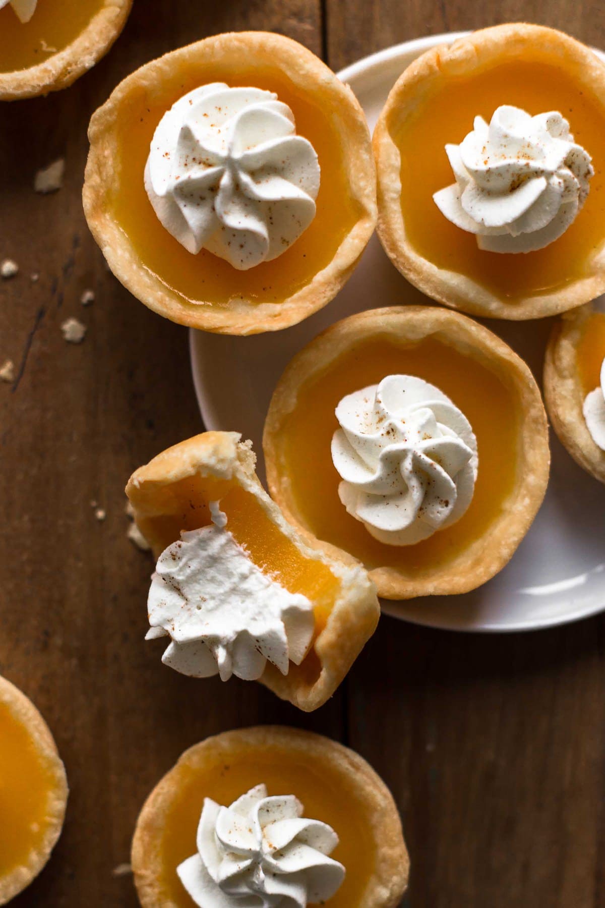 Overhead view of a group of pumpkin Jello shots, one partially eaten.