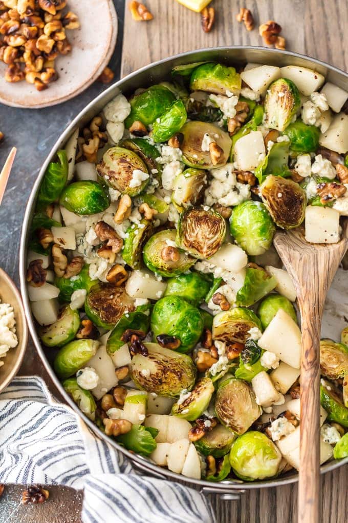 sauteed brussels sprouts recipe with pears, blue cheese, and walnuts