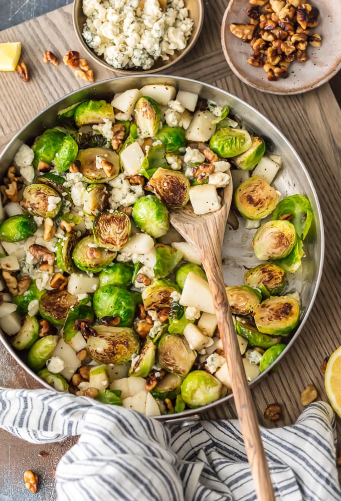 sauteed brussels sprouts in a skillet