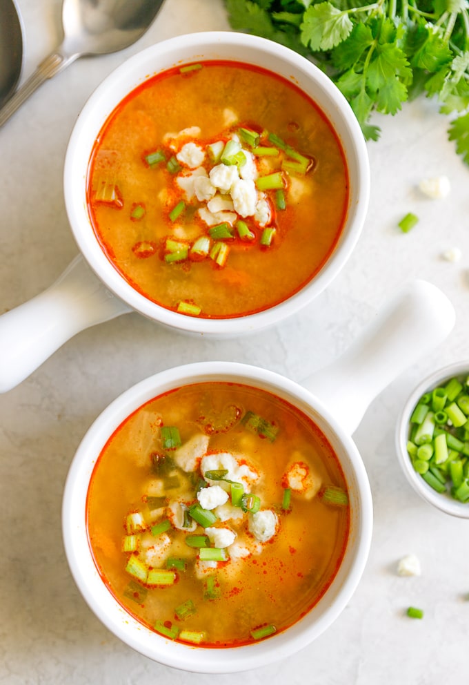 Overhead view of Skinny Buffalo Chicken Soup in bowls.