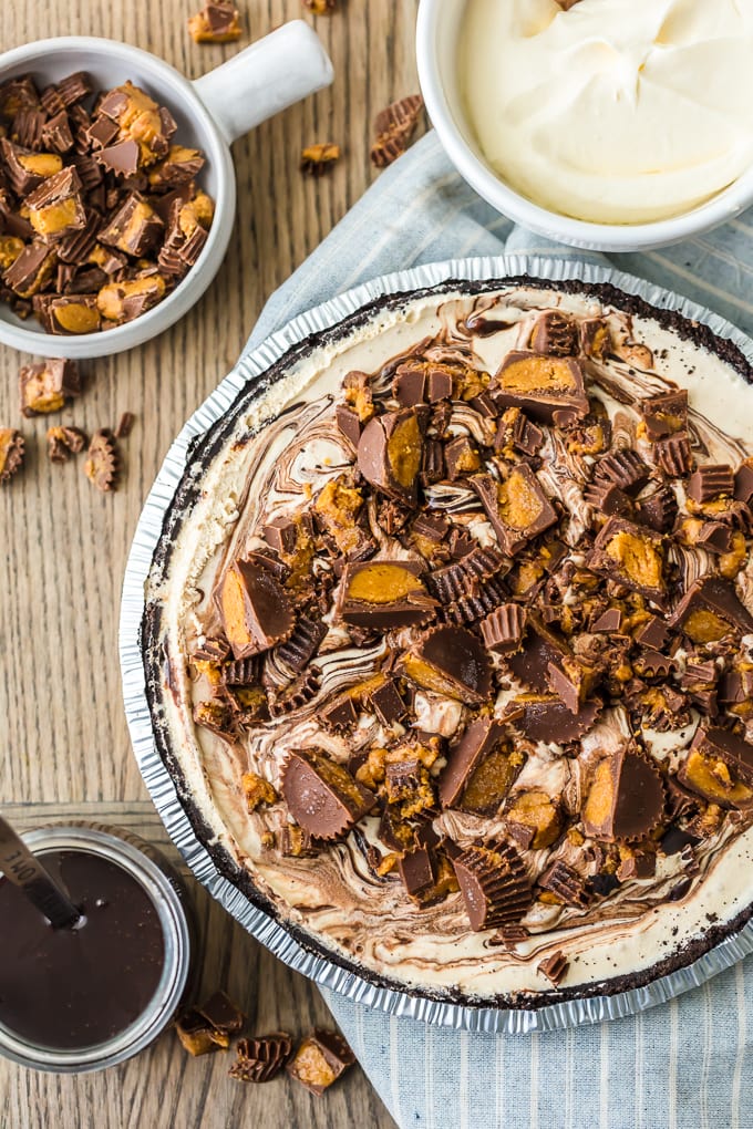 top of ice cream pie topped with peanut butter cups