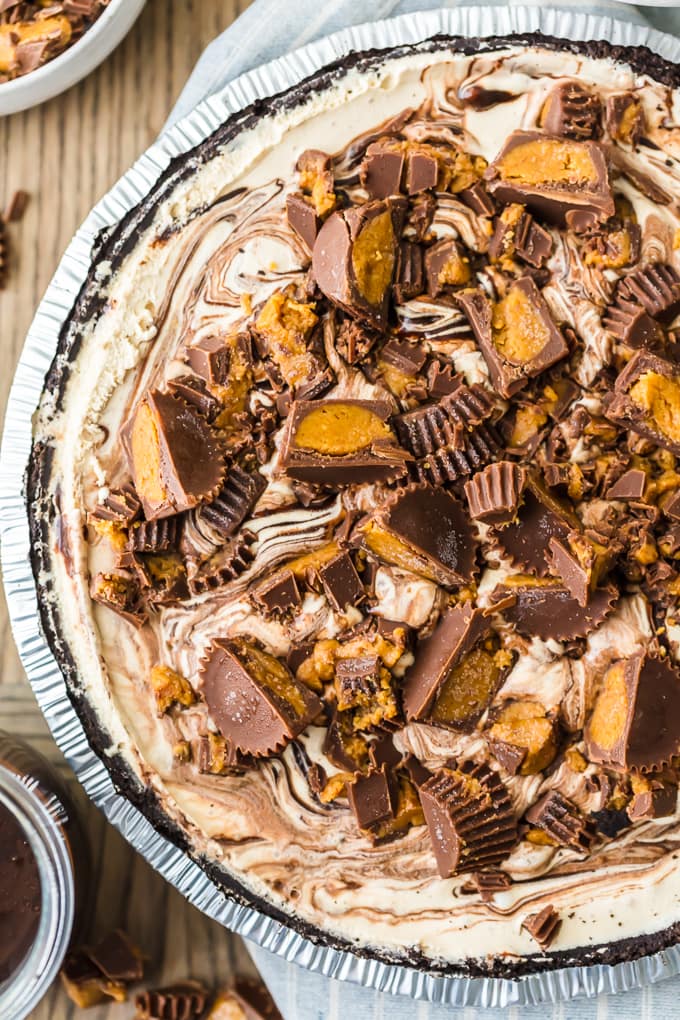 close up view of peanut butter cups on top of pie