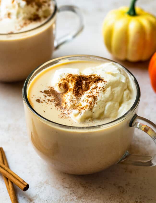 overhead hot pumpkin cocktail in mug with whipped cream