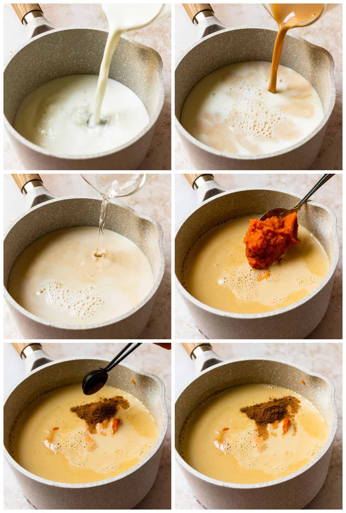 Step by step photos for how to make hot pumpkin cocktail.