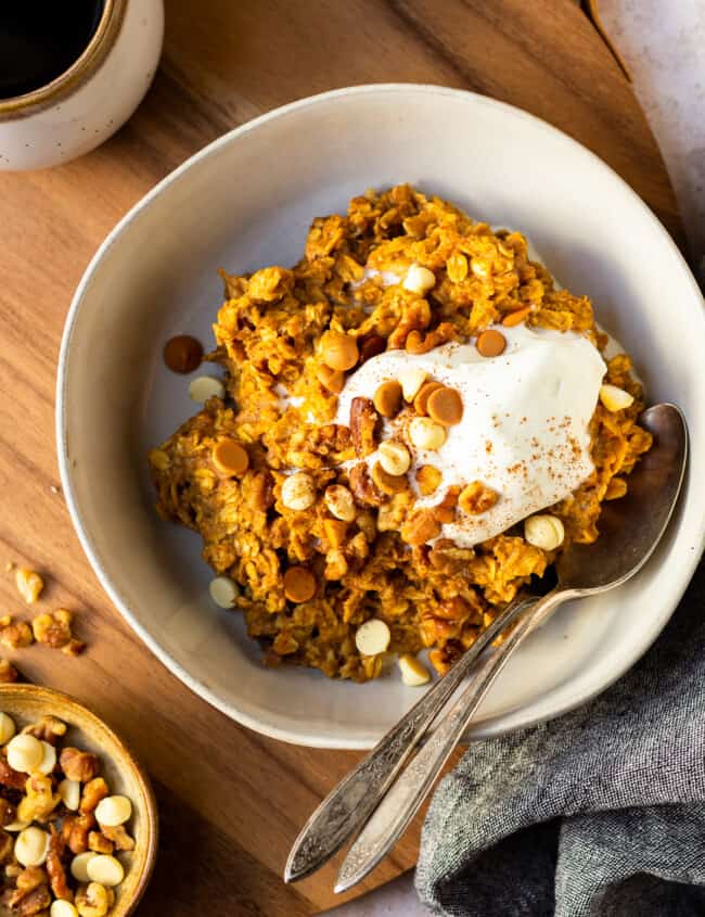 pumpkin oatmeal in white bowl