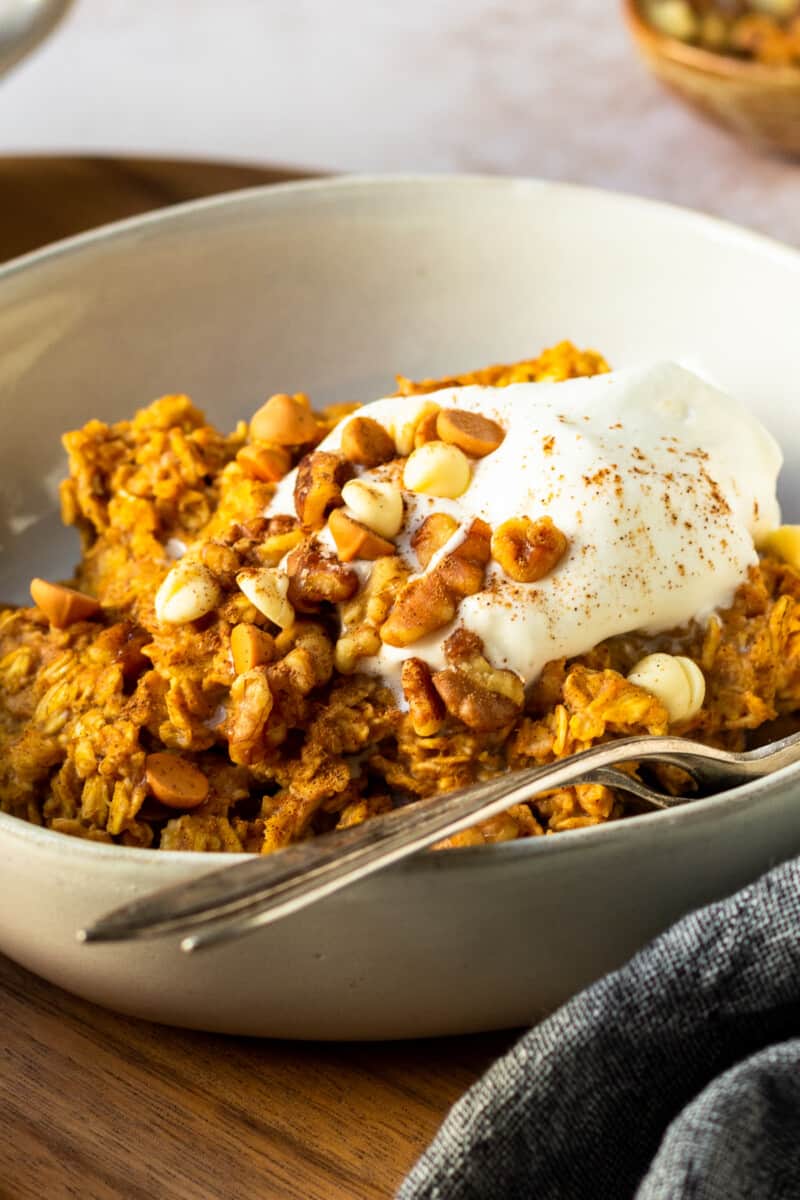 pumpkin oatmeal in white bowl