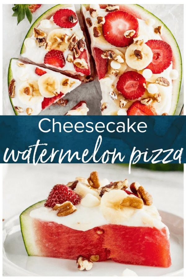 Watermelon Pizza is a delicious and fun sweet treat that everyone will enjoy! Juicy watermelon topped with a low-fat cheesecake sauce, fresh strawberries, bananas, white chocolate chips, and pecans is the ultimate (but still indulgent) healthy dessert. This refreshing cheesecake watermelon pizza is an easy summer dessert you'll be eating all season long!