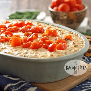 hot bacon feta dip topped with tomatoes
