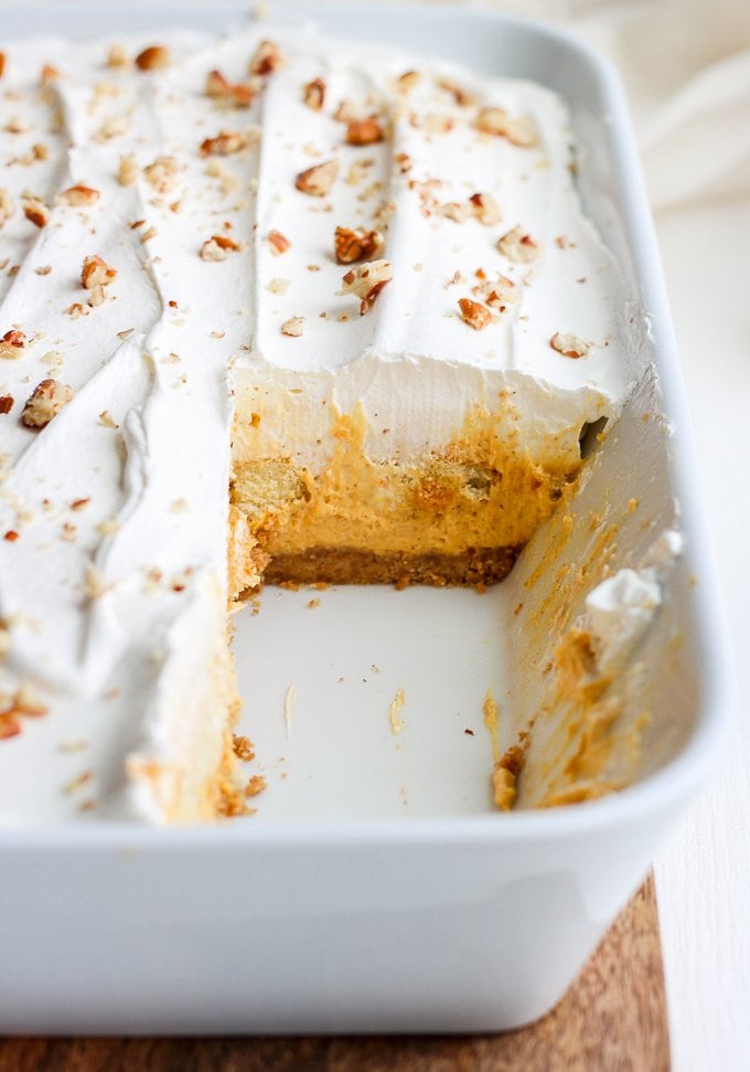 Pumpkin pie lasagna: layers of pumpkin mousse, graham cracker crust, white chocolate whipped cream, and lady fingers