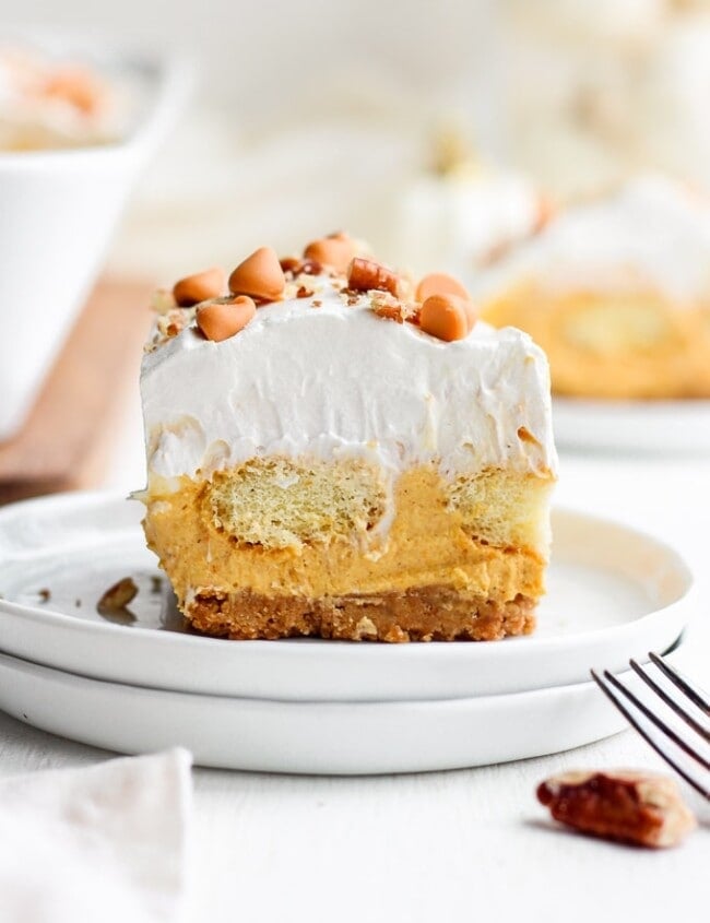 Pumpkin Pie Dessert Lasagna is a fun twist on a Thanksgiving classic! This sweet pumpkin lasagna recipe is made up of layers of pumpkin pie, whipped cream, and lady fingers. Utterly delicious! Add this easy Thanksgiving dessert recipe to your holiday table.