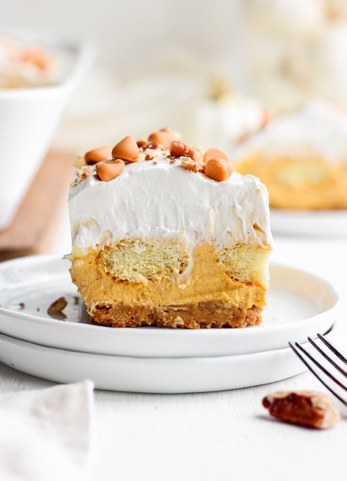 pumpkin dessert lasagna on a white plate