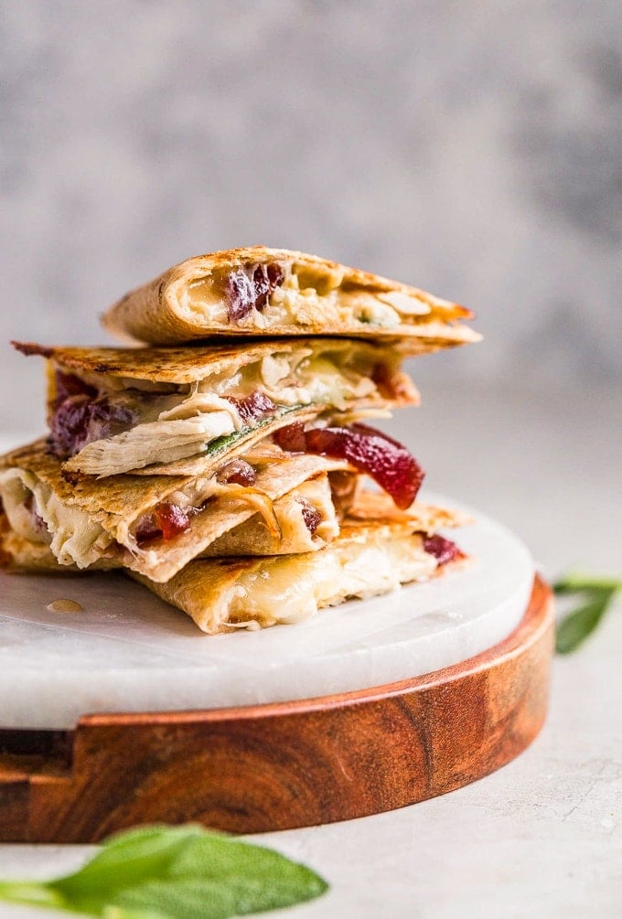Thanksgiving Leftovers Quesadilla cut into quarters and stacked.