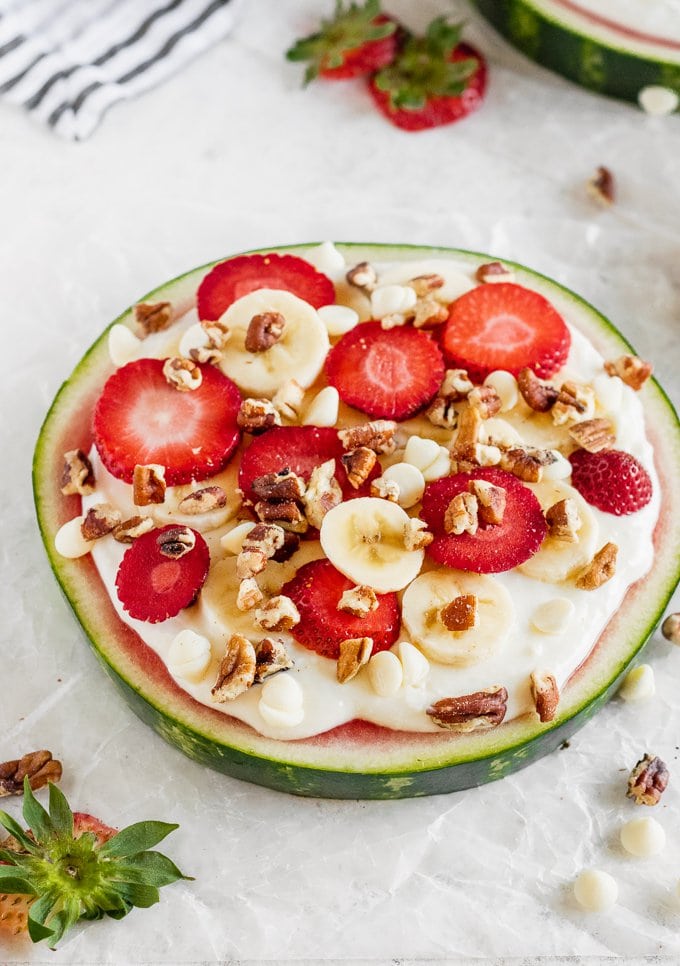 Watermelon turned into a healthy dessert topped with fruit