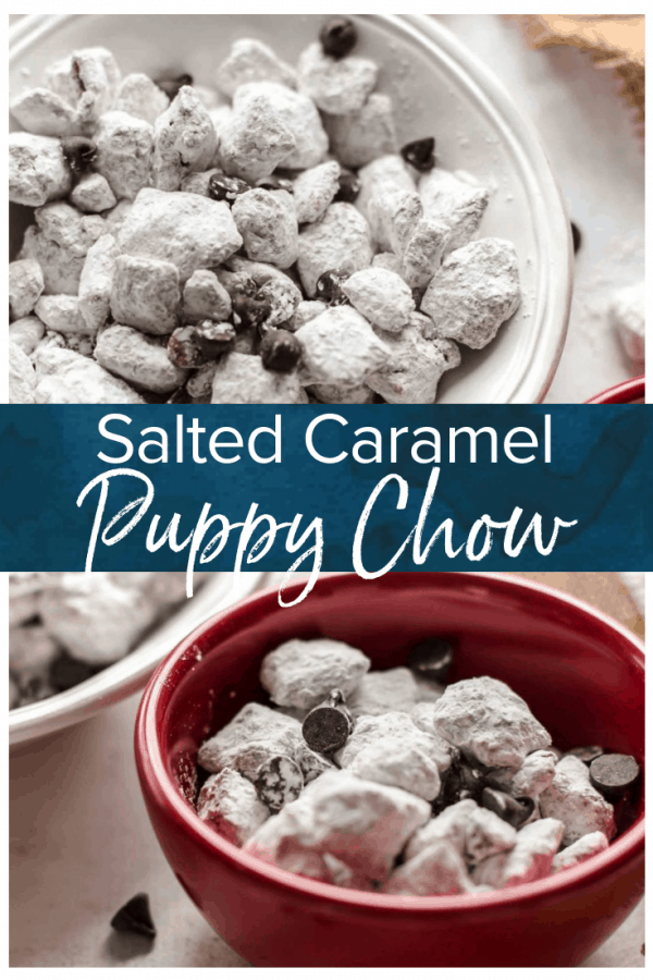 Salted Caramel Puppy Chow is so addicting! If you're a fan of puppy chow snack mix, you're going to love this flavor combo. Chex cereal topped with caramel, chocolate, and powdered sugar. YUM!