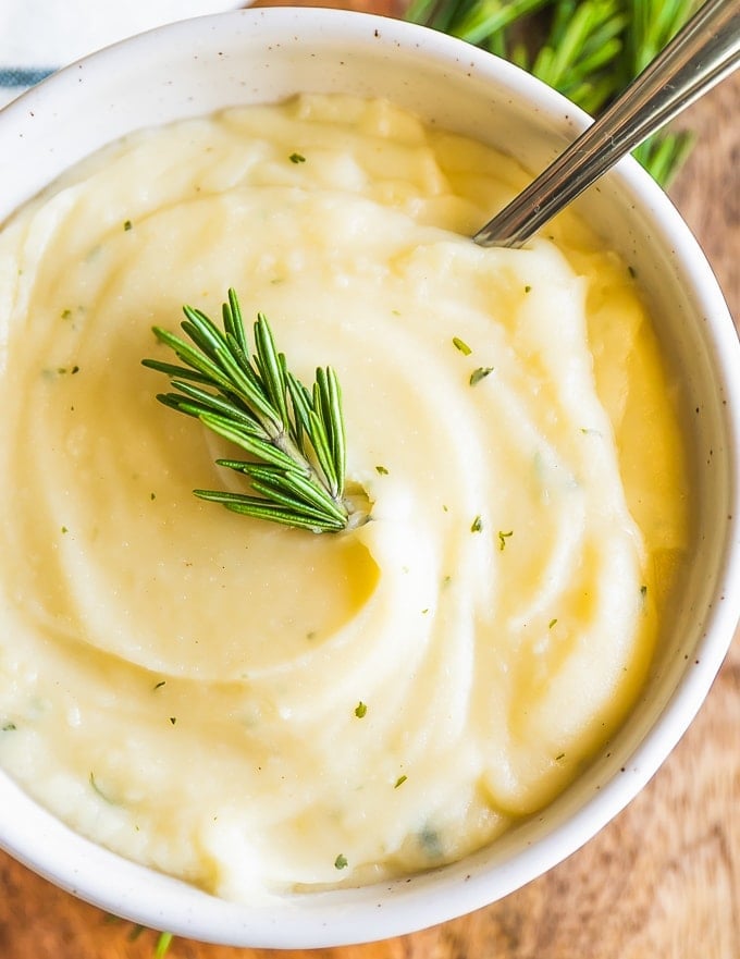 overhead picture of creamy mashed cauliflower side dish