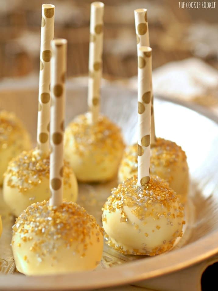 lemon cake pops on a silver plate