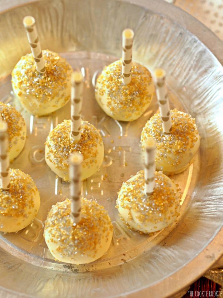 sparkly lemon cake pops in a pan