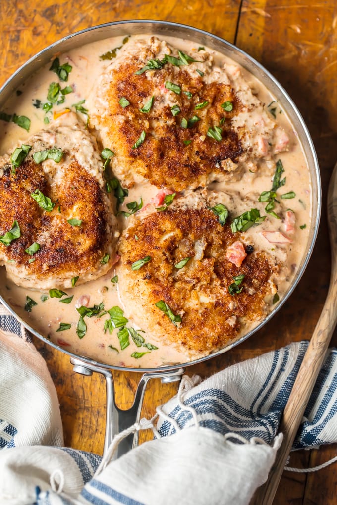 basil chicken and cream sauce in a skillet