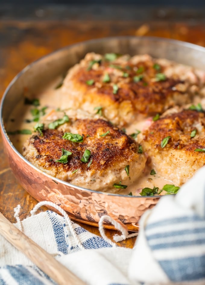 chicken with cream sauce in a skillet