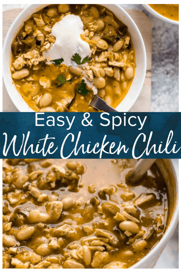 White Bean Chicken Chili is a super easy and deliciously spicy recipe. This EASY chicken chili recipe is perfect for those colder months, and it's so full of flavor. This spicy chili recipe is sure to warm you right up! You definitely need to make up a batch of this easy white chicken chili ASAP!