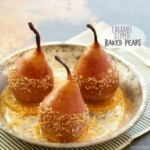 three baked pears on a plate with sesame seeds.