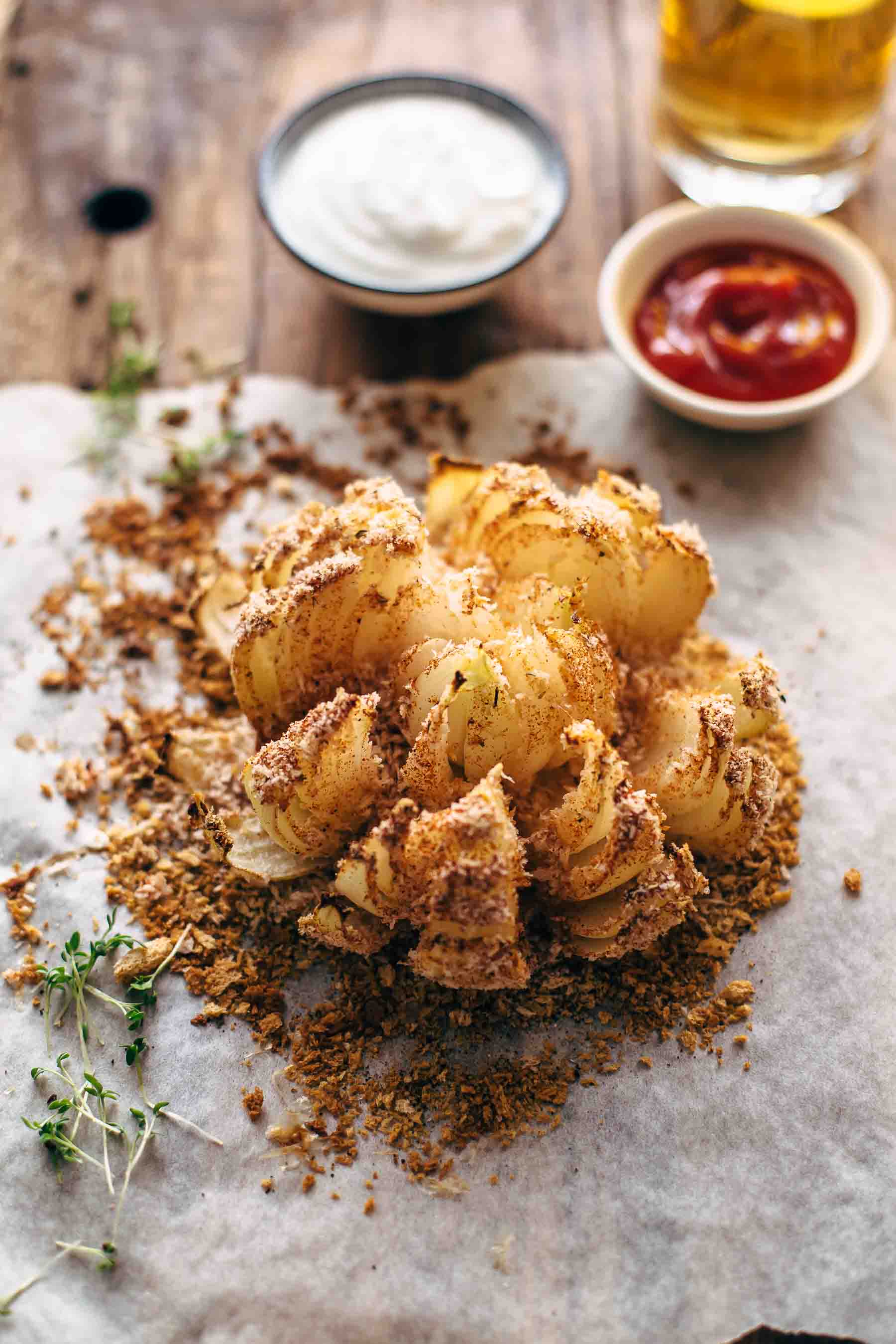 baked blooming onion with ranch and ketchup
