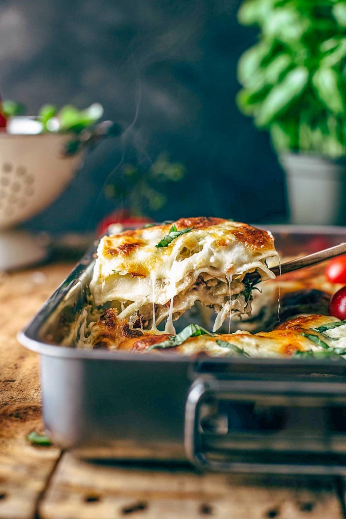 casserole dish of lasagna on a table