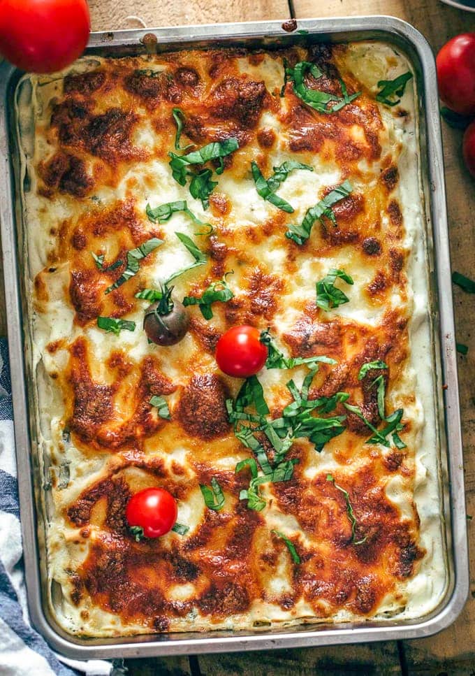 white chicken caprese lasagna in a baking pan.
