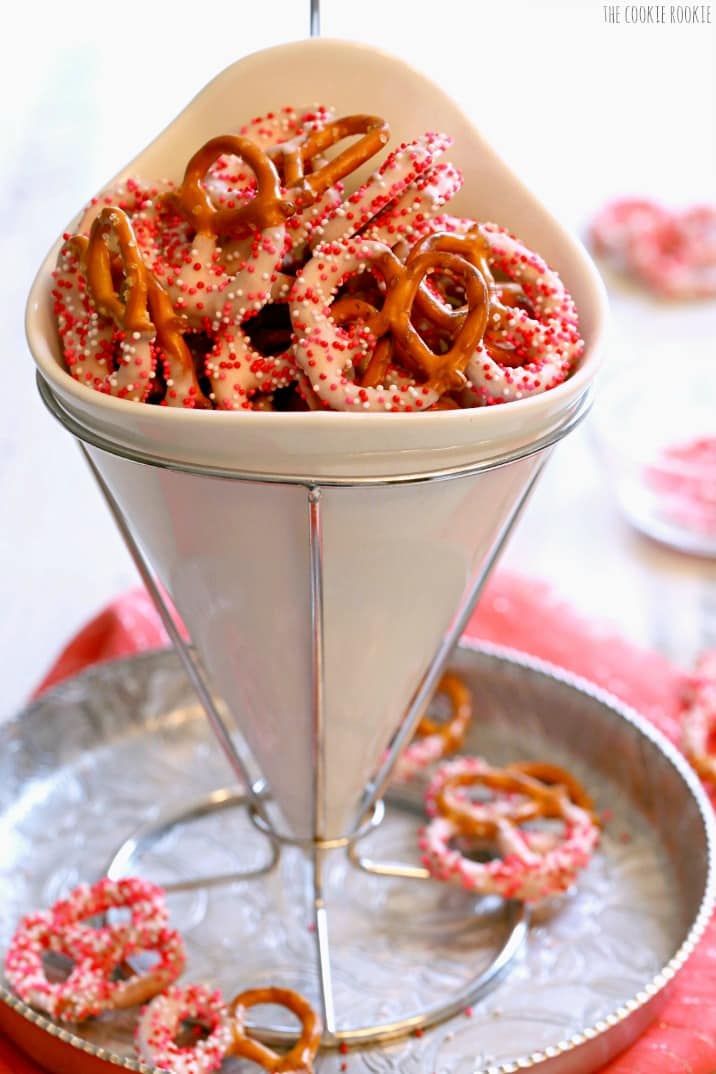 a cone filled with yogurt covered pretzels