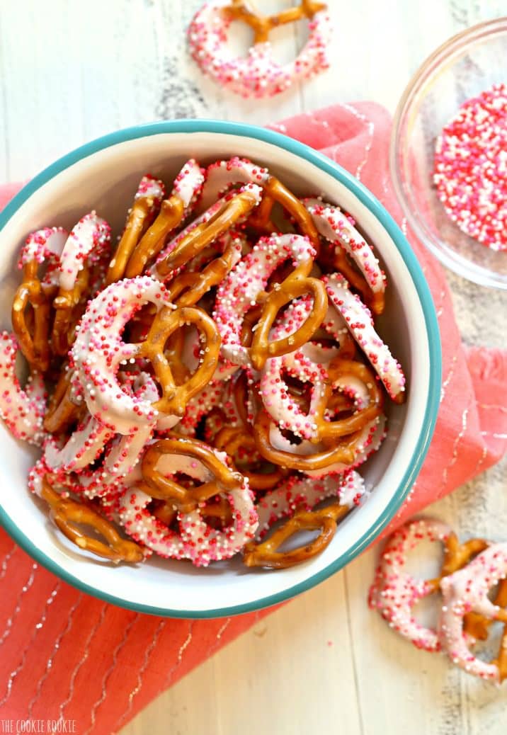 Pink Yogurt Covered Pretzels in a bowl on a table