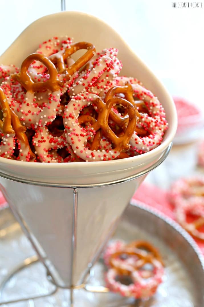 yogurt covered pretzels in a white cone