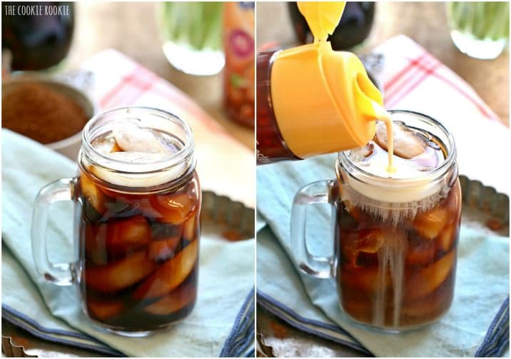 creamer being poured into glass mug of iced coffee