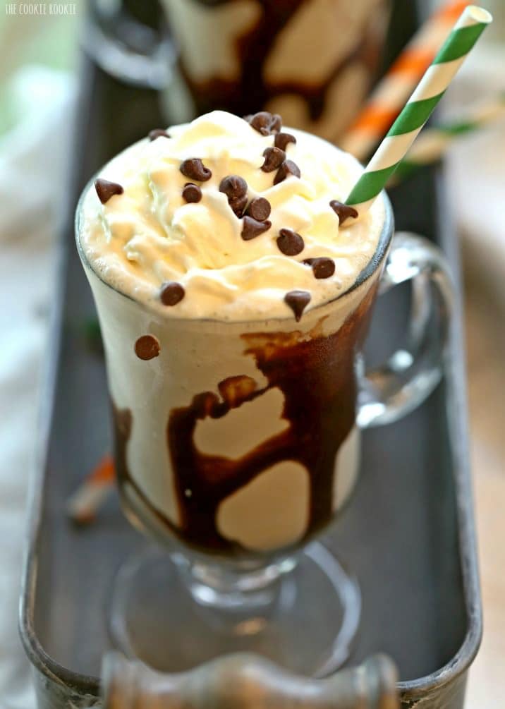 top view of an irish cream shake with whipped cream and chocolate chips
