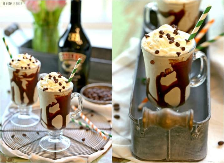 irish cream shakes topped with whipped cream and chocolate chips on a table