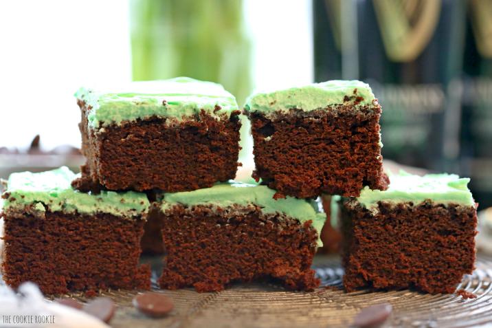 Mint Chocolate Guinness Brownies! Easy and fun green brownies made with quick mint icing and Guinness! Perfect for Saint Patrick's Day! Fun and festive | The Cookie Rookie
