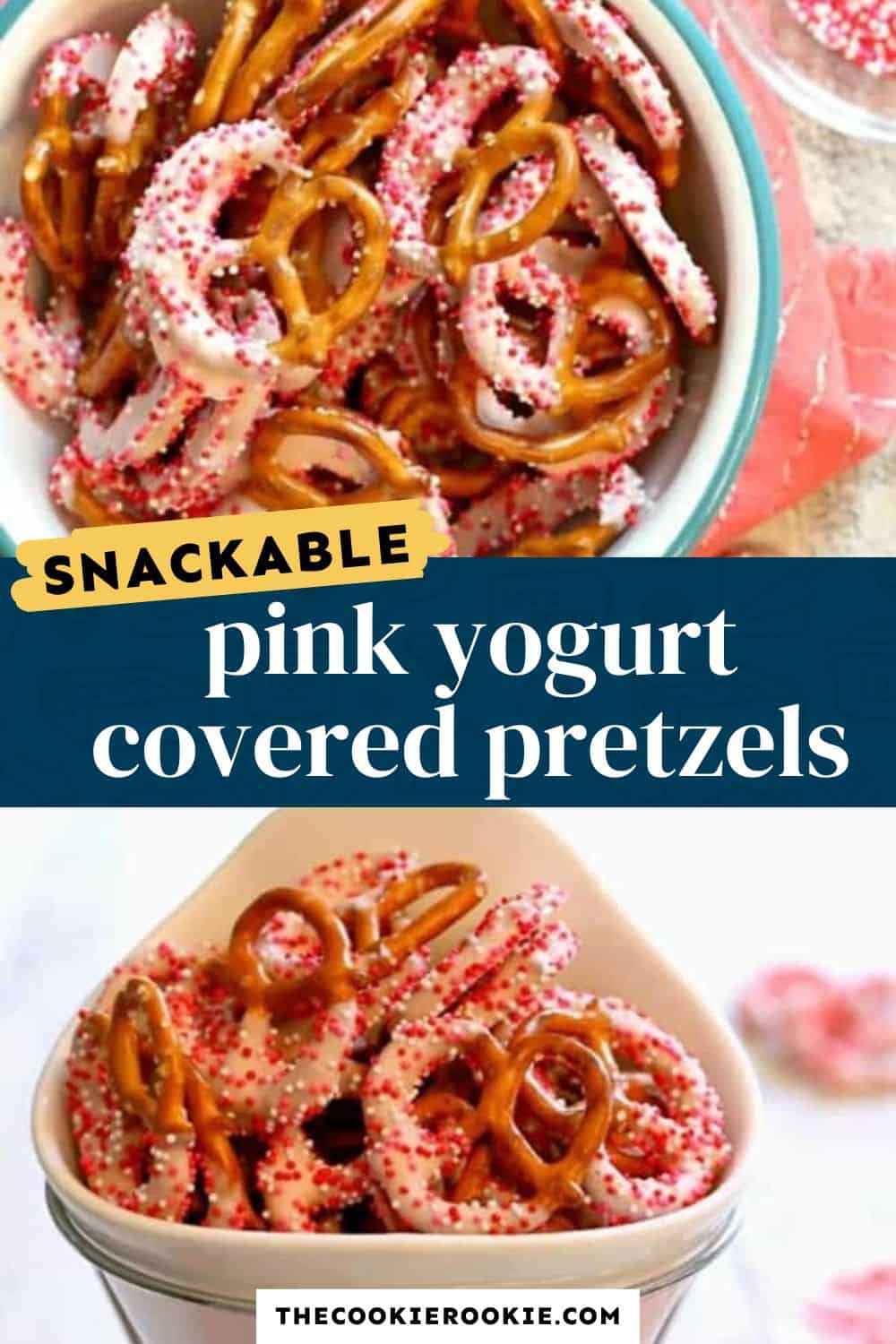 pink yogurt covered pretzels pin image