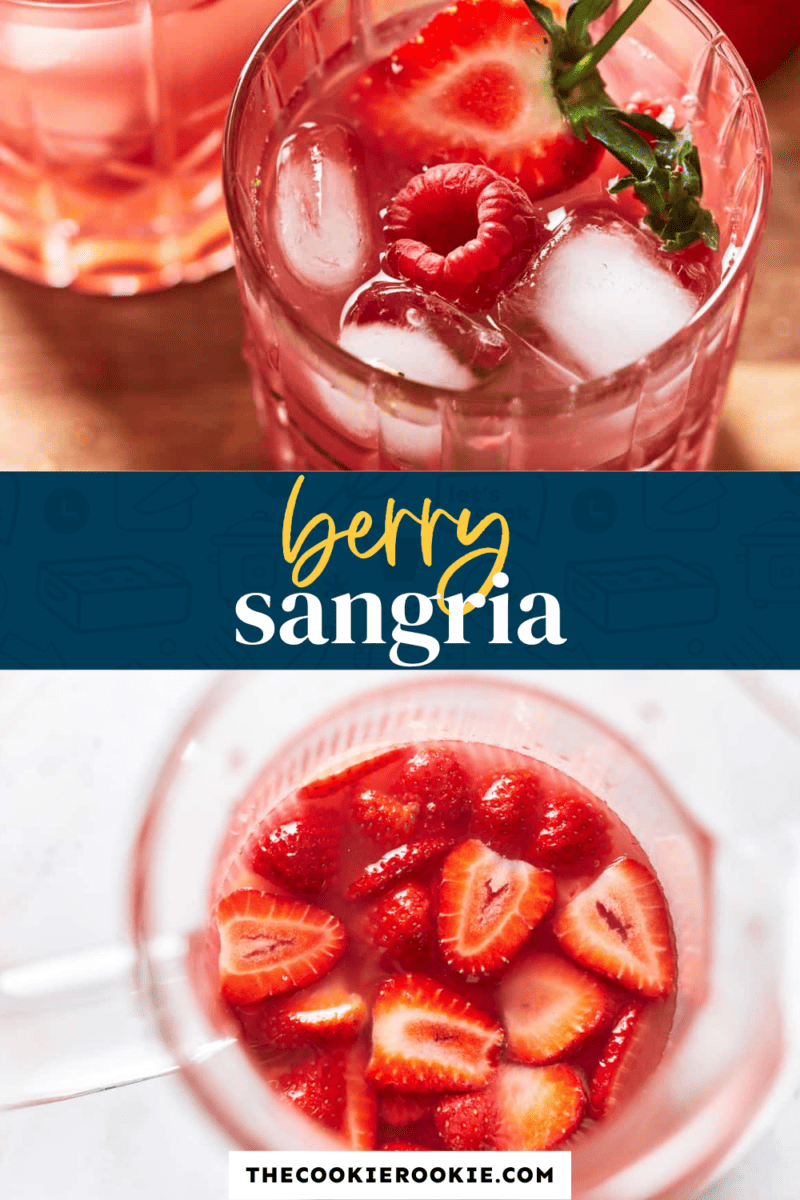 Delicious berry sangria made with strawberries and served over ice cubes.