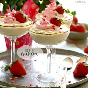 no bake cheesecake cups in cocktail glasses on a silver tray