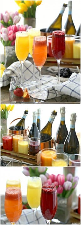Homemade Bellini Bar made easy with fruit purees and Prosecco! You can use sparkling water for a tasty non-alcoholic brunch or breakfast. So fun and tasty! | The Cookie Rookie