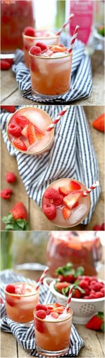 Easy Red Berry Sangria made with Pearl Red Berry Vodka, Moscato white wine, berry juice, and soda! Refreshing strawberry and raspberry sangria. YUM!