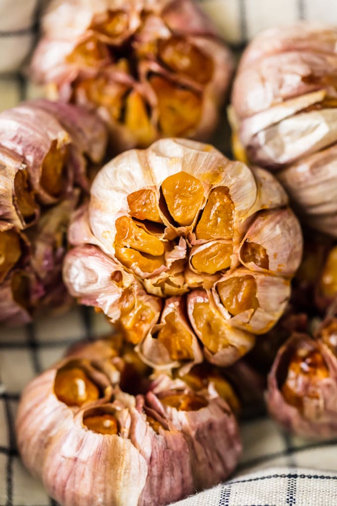 close up view of oven roasted garlic