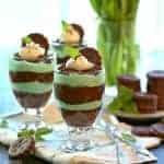 Skinny Mint Chocolate Parfaits, layered pudding, cool whip, and thin mint cookies! A delicious a healthy(er) sweet treat for St. Patrick's Day!