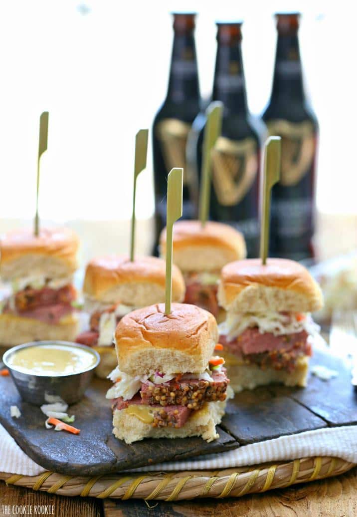 Slow Cooker Corned Beef and Cabbage Sliders with Guinness Mustard! The perfect Irish meal or appetizer for St. Patrick's Day! So fun, festive, and easy! | The Cookie Rookie