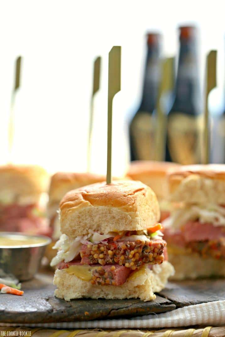 close up view of sliders with cabbage and corned beef