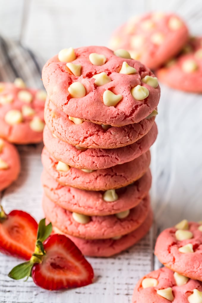 a stack of pink strawberry cookies