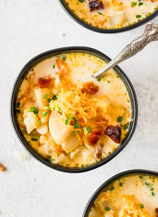 overhead view of a bowl of healthy potato soup