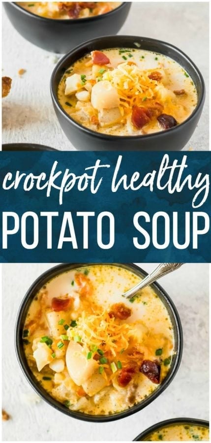 Crockpot Potato Soup is a Healthy Potato Soup we simply love. This Recipe for Potato Soup makes things easy by using a slow cooker! Set it and forget it...until it's time to eat. Just because this is a healthy version doesn't mean it's any less flavorful than your favorite Potato Cheese Soup. Crockpot Loaded Potato Soup for the win!