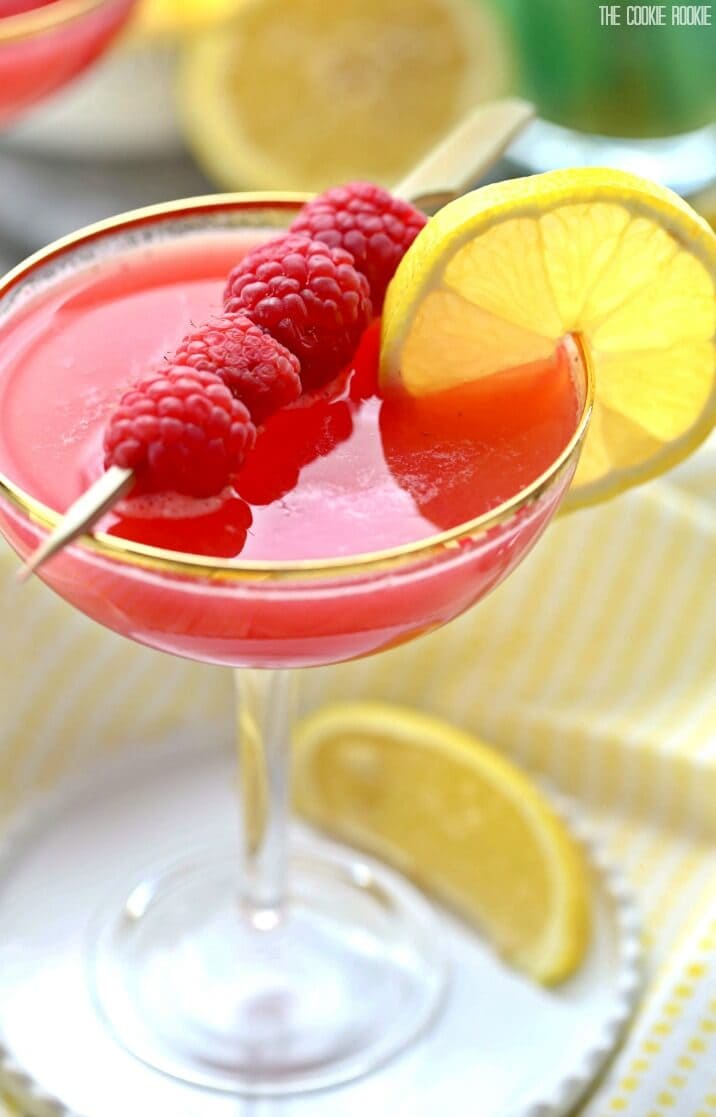 top view of martini garnished with raspberries and lemon slices