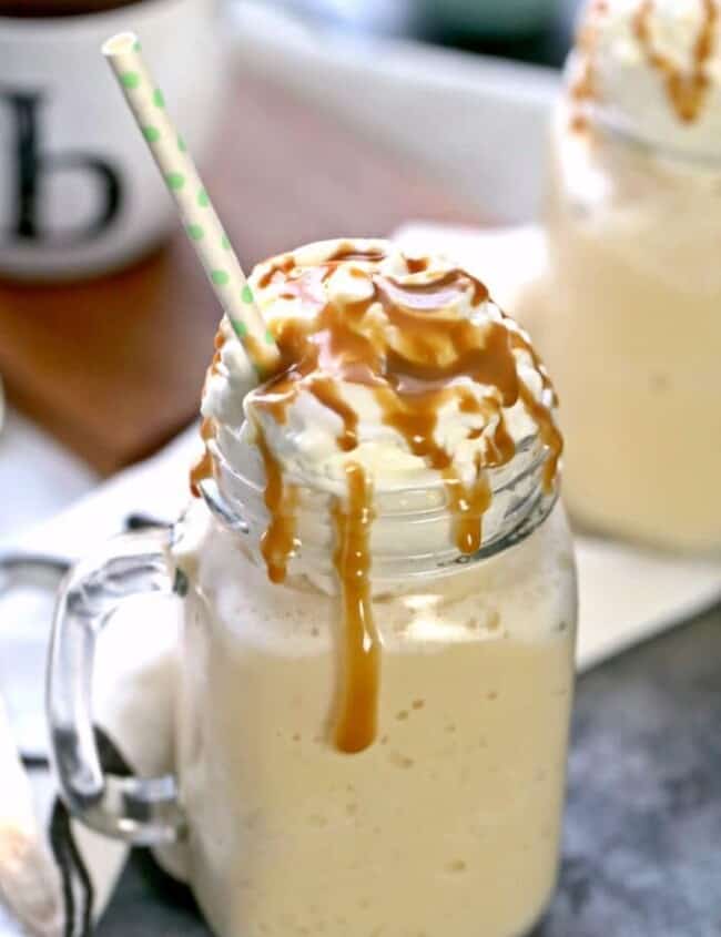 caramel Frappuccino in a glass mug