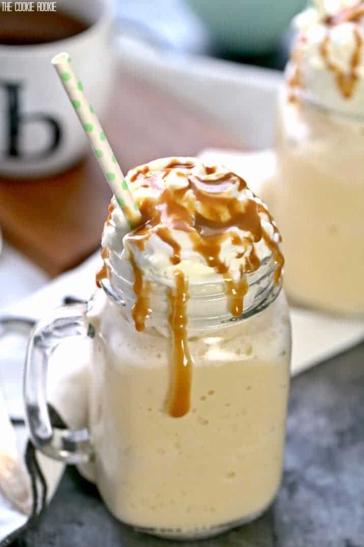 caramel Frappuccino in a glass mug with straw